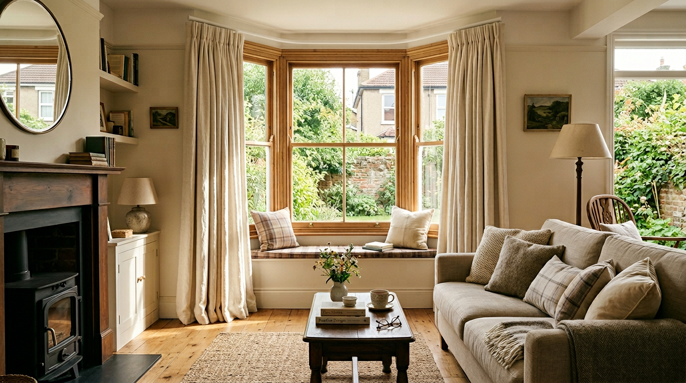 Cottage living room bay window with cream curtains on a curved Swish track