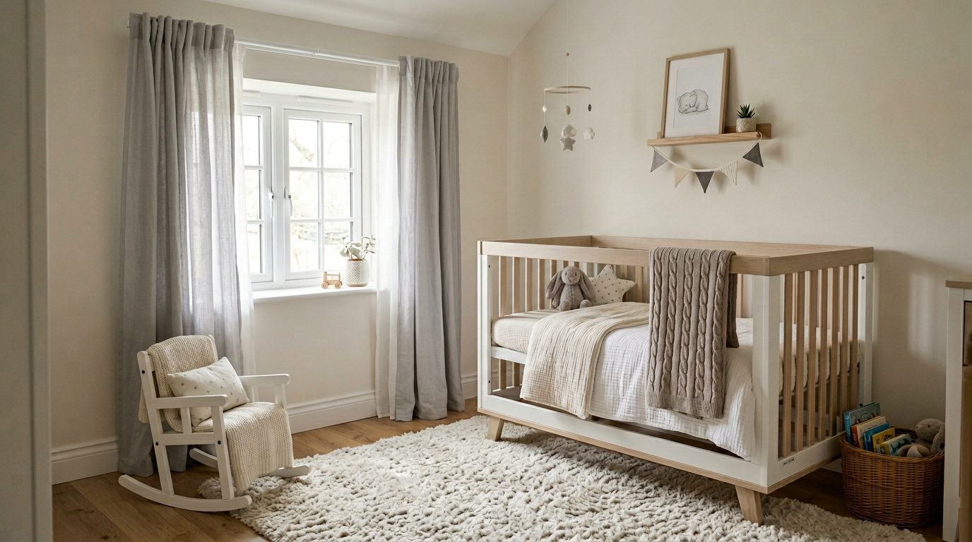 Nursery with soft grey curtains on a white Swish PVC track