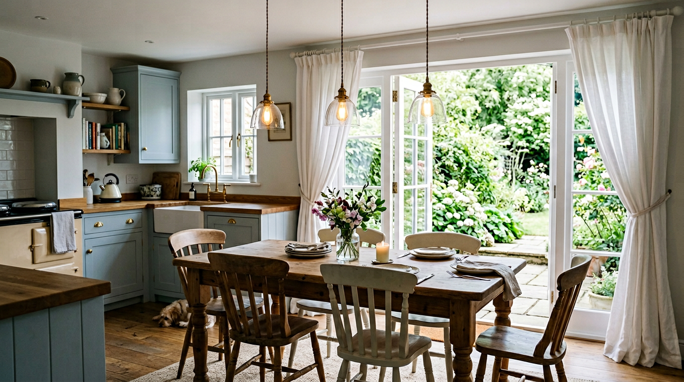 Kitchen patio doors dressed with linen curtains on a ceiling-fixed Swish track
