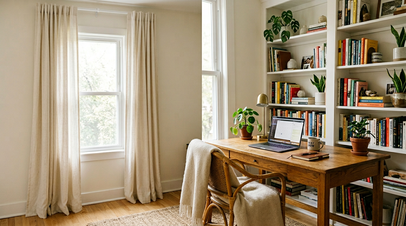 Home office window dressed with ivory curtains on a Swish PVC track