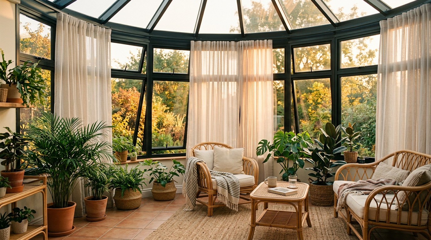 Conservatory with sheer curtains on a curved aluminium Swish track