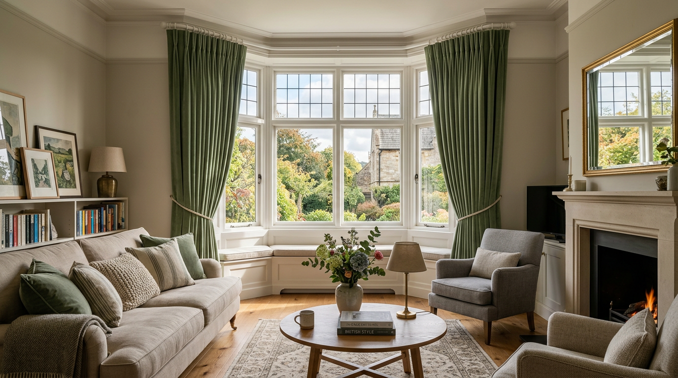British sitting room with heavy curtains on a Swish curtain track fitted to a bay window