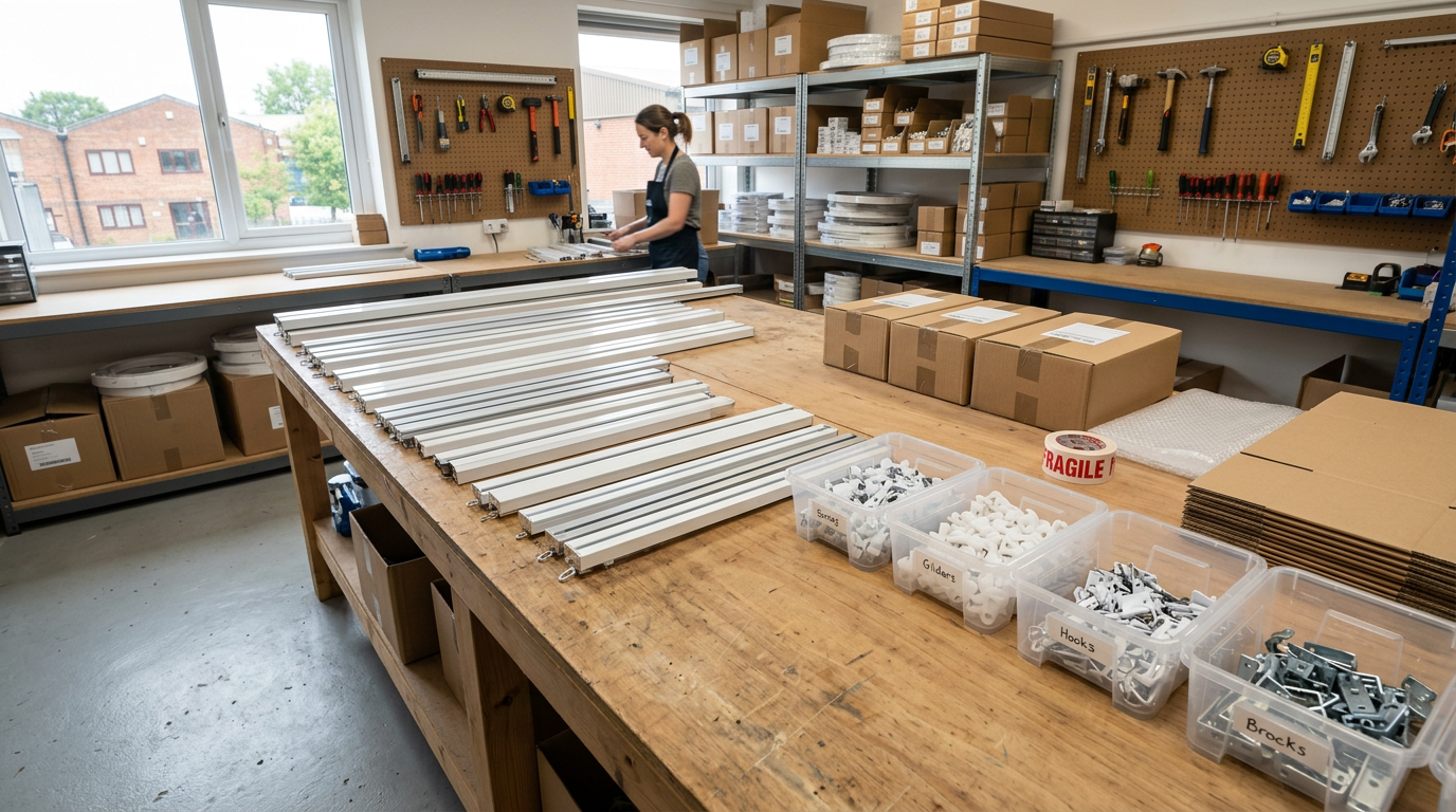 Workshop worktop with Swish curtain tracks, brackets, gliders and hooks laid out ready to ship